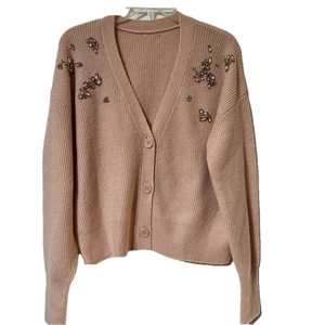 Pink Cardigan Bejeweled Silver and Clear Rhinestones Womens Size Large Sweater